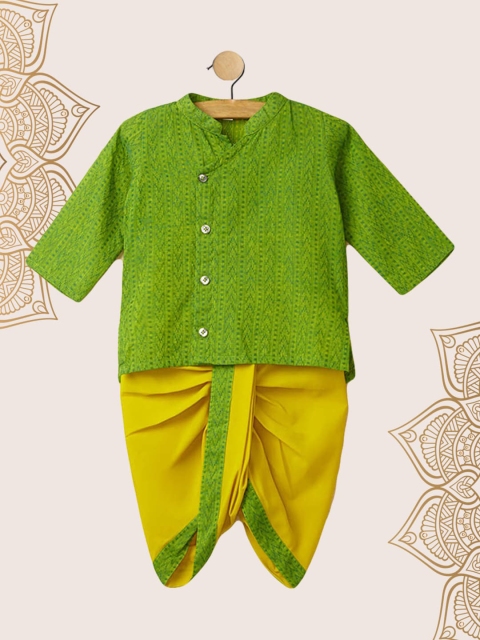 

The Magic Wand Boys Green Angrakha Pure Cotton Kurta with Dhoti Pants