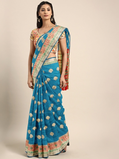 

Saree Swarg Turquoise Blue & Gold-Toned Woven Design Silk Blend Banarasi Sarees