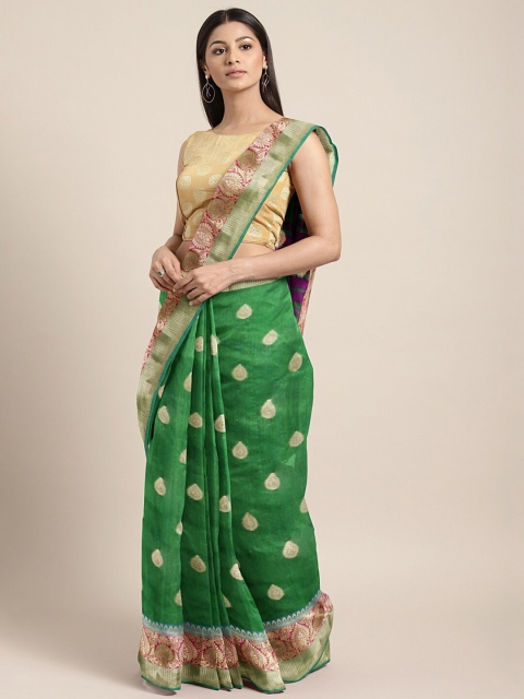 

Saree Swarg Green & Gold-Toned Ethnic Motifs Zari Silk Blend Banarasi Saree