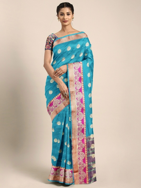 

Saree Swarg Turquoise Blue & Pink Woven Design Silk Blend Banarasi Sarees