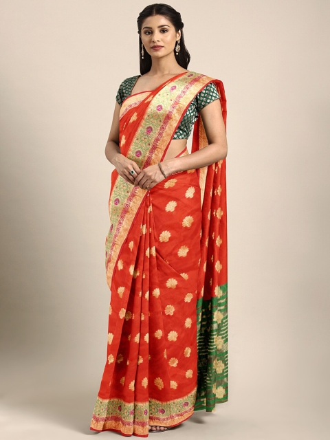 

Saree Swarg Orange & Green Ethnic Motifs Zari Silk Blend Banarasi Saree