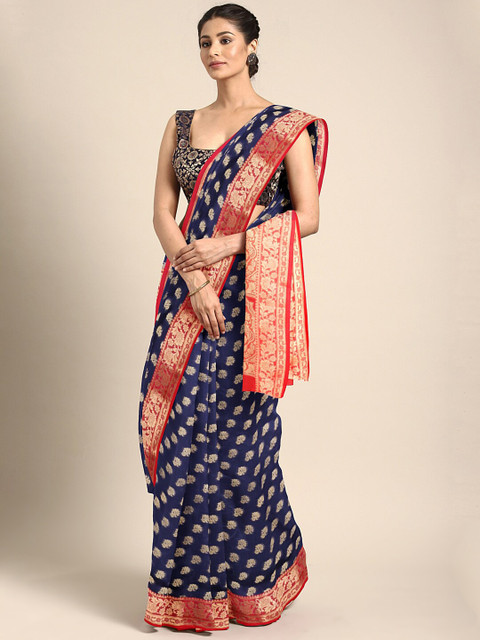 

Saree Swarg Navy Blue & Red Woven Design Banarasi Sarees