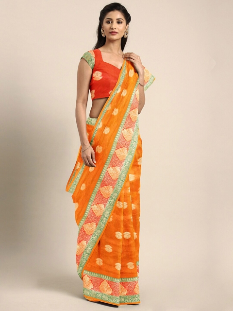 

Saree Swarg Orange & Gold-Toned Woven Design Silk Blend Banarasi Sarees