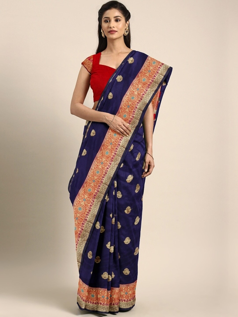 

Saree Swarg Navy Blue & Red Woven Design Silk Blend Banarasi Sarees