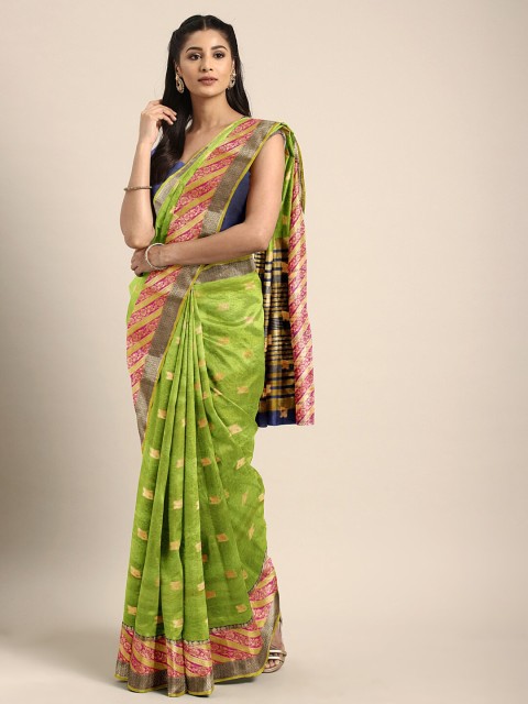 

Saree Swarg Green & Gold-Toned Woven Design Zari Silk Blend Banarasi Saree