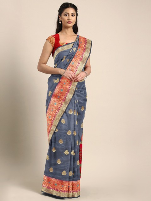 

Saree Swarg Grey & Gold-Toned Ethnic Motifs Zari Silk Blend Banarasi Saree