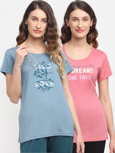 

Kanvin Women Pack of 2 Blue & Pink Printed Lounge T-shirts