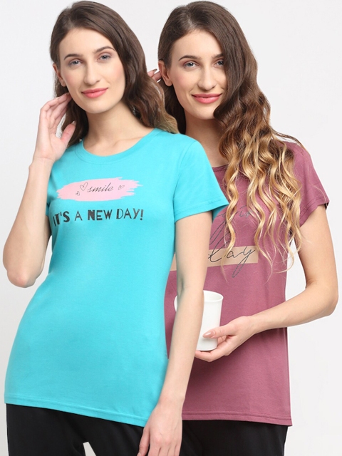 

Kanvin Women Pack of 2 Printed Lounge Tshirts, Turquoise blue