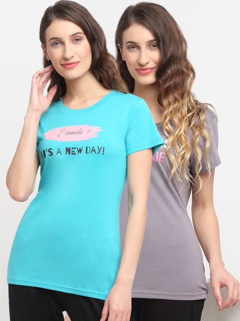 

Kanvin Women Pack Of 2 Turquoise Blue & Grey Printed Lounge T-shirts