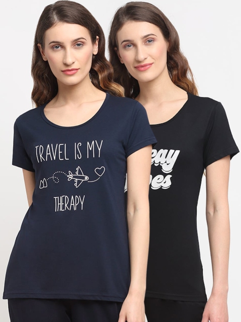 

Kanvin Women Pack Of 2 Printed Lounge Tshirts, Black