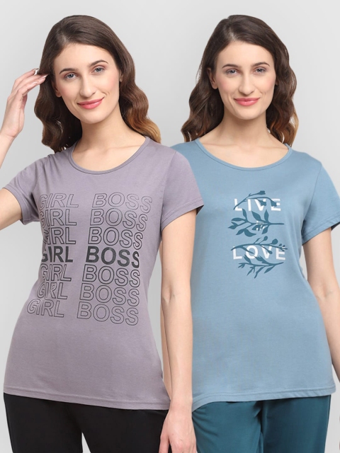 

Kanvin Women Pack Of 2 Printed Lounge Tshirts, Blue