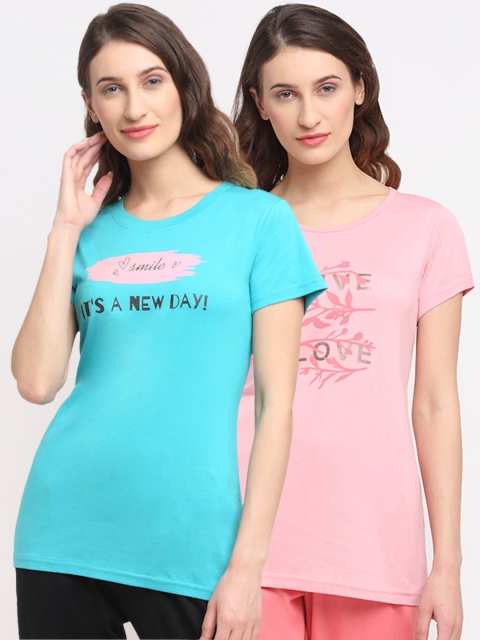 

Kanvin Women Turquoise Blue & Pink Pack Of 2 Printed Lounge Tshirts