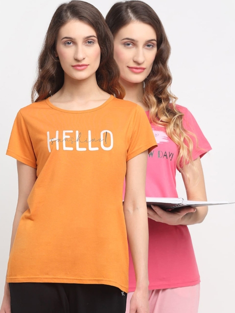 

Kanvin Women Set Of 2 Pink & Orange Printed Lounge Tshirts