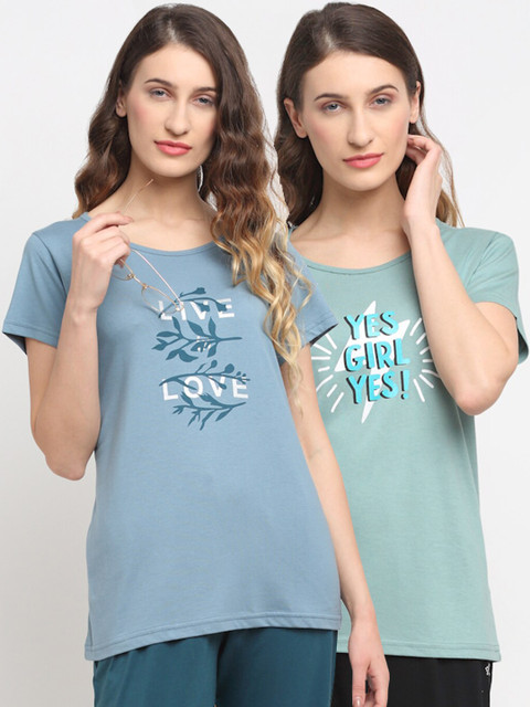 

Kanvin Women Pack Of 2 Printed Lounge Tshirts, Blue