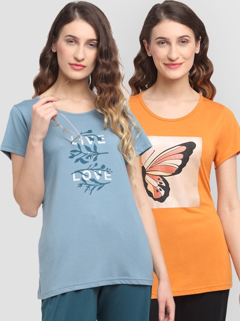 

Kanvin Women Blue & Orange Pack Of 2 Printed Lounge Tshirts