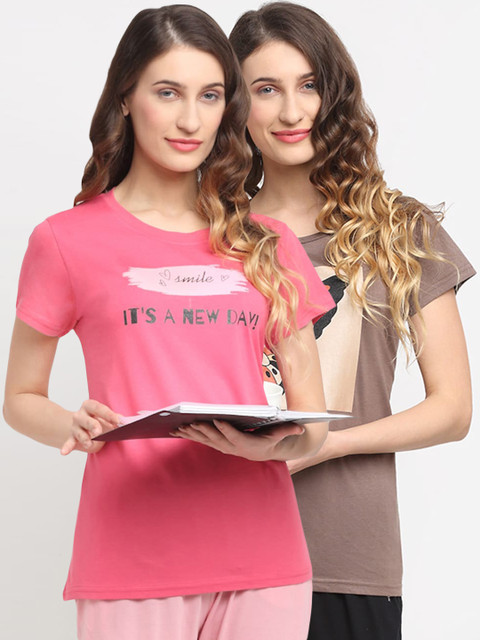 

Kanvin Women Pack of 2 Pink & Brown Printed Lounge T-shirts