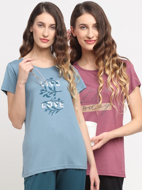 

Kanvin Women Pack Of 2 Printed Lounge Tshirts, Blue