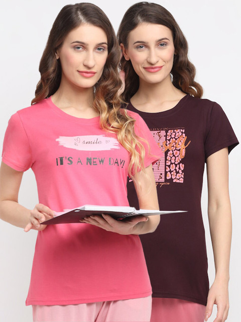 

Kanvin Women Pack Of 2 Printed Lounge T-Shirts, Pink