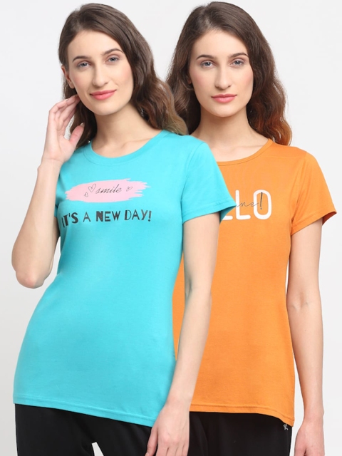 

Kanvin Women Pack Of 2 Printed Lounge Tshirts, Turquoise blue