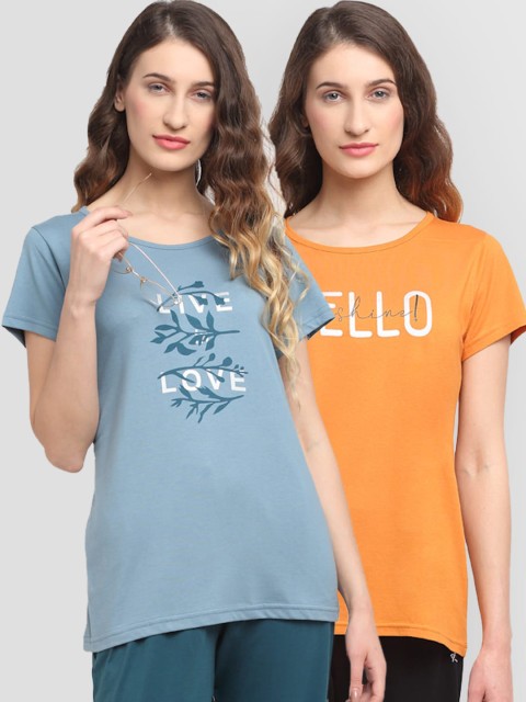 

Kanvin Women Pack of 2 Blue & Orange Printed Lounge T-shirts