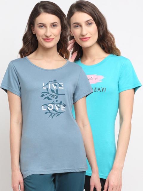 

Kanvin Women Turquoise Blue Pack Of 2 Printed Lounge T-Shirts