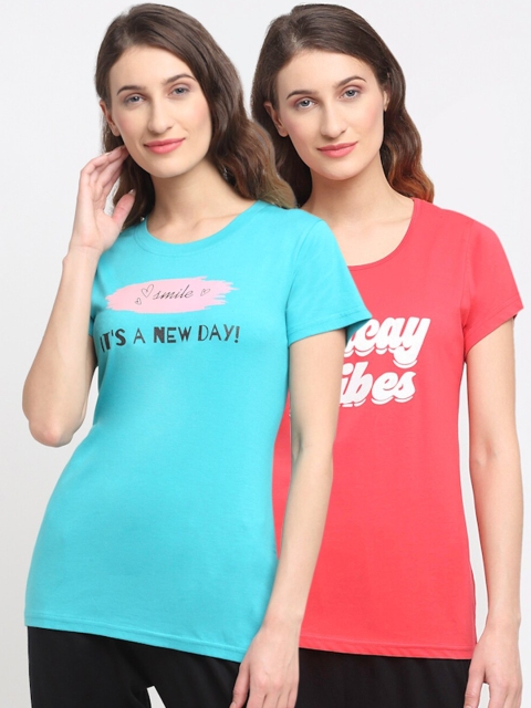 

Kanvin Women Turquoise Blue & Pink Pack Of 2 Printed Lounge T-Shirts