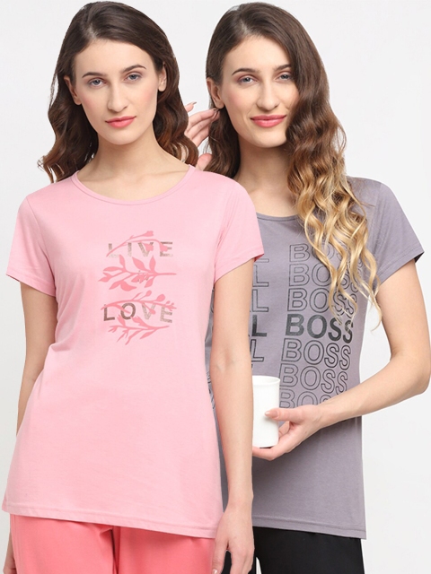 

Kanvin Women Pack Of 2 Pink & Grey Printed Lounge Tshirts