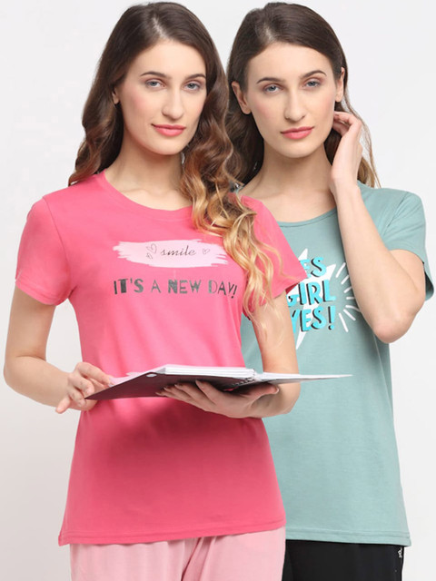 

Kanvin Women Pack Of 2 Pink & Green Typography Printed Lounge T-Shirts