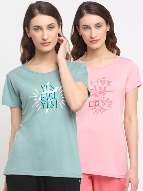 

Kanvin Women Women Pink & Sea Green Pack Of 2 Printed Lounge T-Shirts