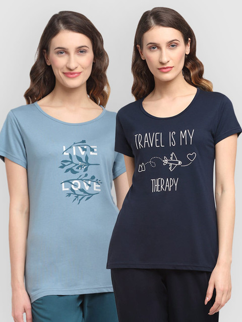 

Kanvin Women Pack Of 2 Printed Lounge Tshirts, Blue
