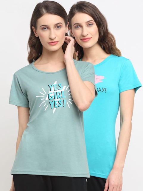 

Kanvin Women Pack Of 2 Printed Lounge Tshirts, Turquoise blue