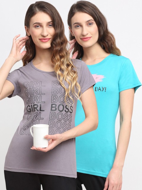 

Kanvin Women Pack Of 2 Printed Lounge Tshirts, Turquoise blue