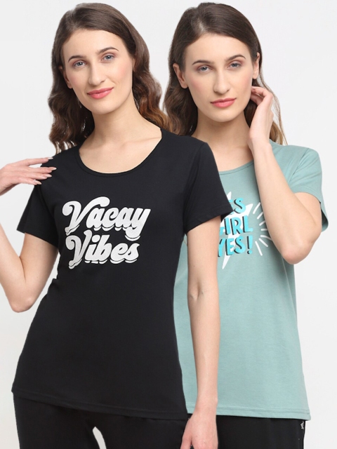 

Kanvin Women Set Of 2 Black & Sea Green Printed Lounge Tshirts