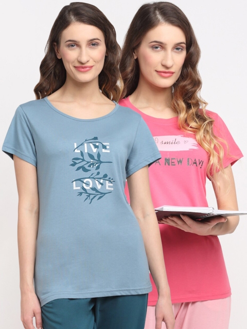 

Kanvin Women Pack Of 2 Pink & Blue Printed Lounge T-Shirts