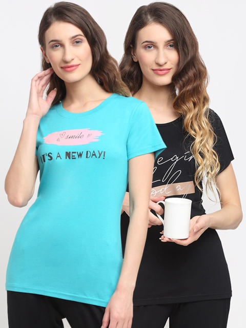 

Kanvin Women Pack Of 2 Turquoise Blue & Black Printed Lounge Tshirts