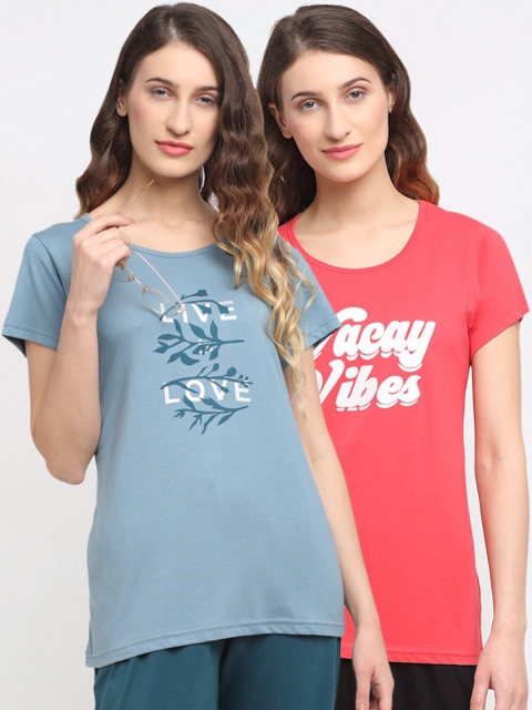 

Kanvin Women Pack Of 2 Printed Lounge Tshirts, Blue