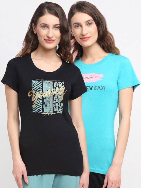 

Kanvin Women Turquoise Blue & Black Pack Of 2 Printed Lounge Tshirts