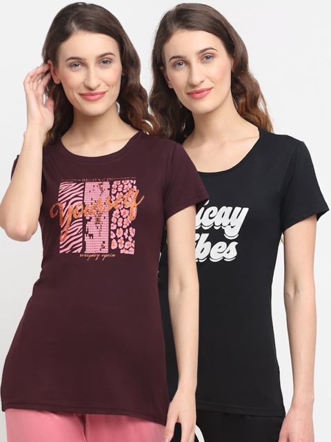 

Kanvin Women Pack Of 2 Printed Lounge Tshirts, Black