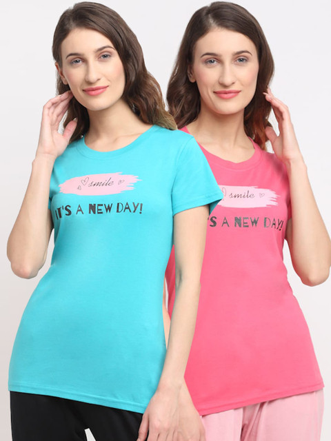 

Kanvin Women Pack of 2 Solid Lounge Tshirts, Turquoise blue