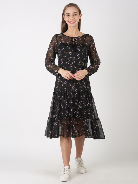 

kriatma Women Black Floral Printed Crepe Midi Dress