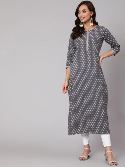 

AASI - HOUSE OF NAYO Women Grey Geometric Printed Cotton Kurta