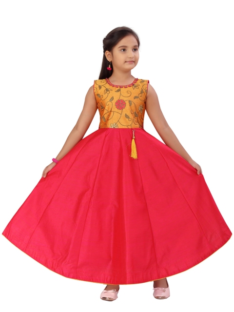 

Aarika Girls Yellow & Red Floral Embroidered Maxi Dress