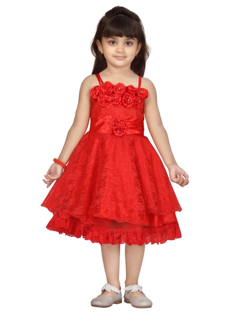 

Aarika Girls Red Self Design Net Dress