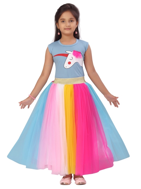 

Aarika Girls Turquoise Blue & White Printed Top with Skirt