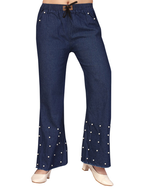 

Aarika Girls Navy Blue Solid Knitted Cotton Palazzos With Embellishments