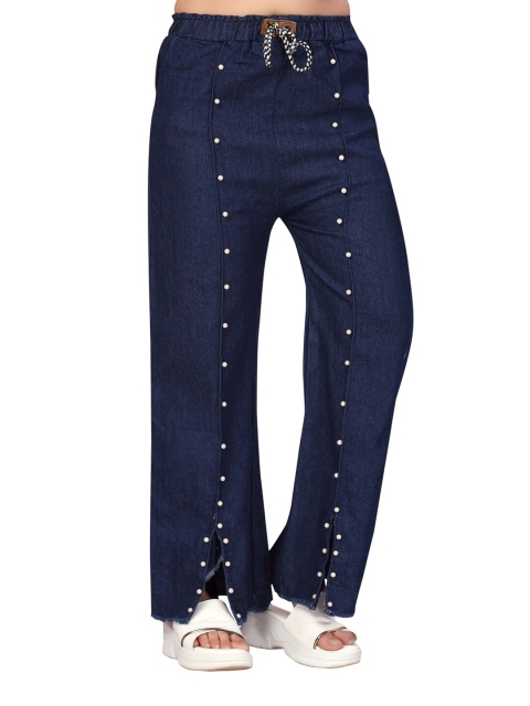 

Aarika Girls Navy Blue Embellished Flared Knitted Palazzos