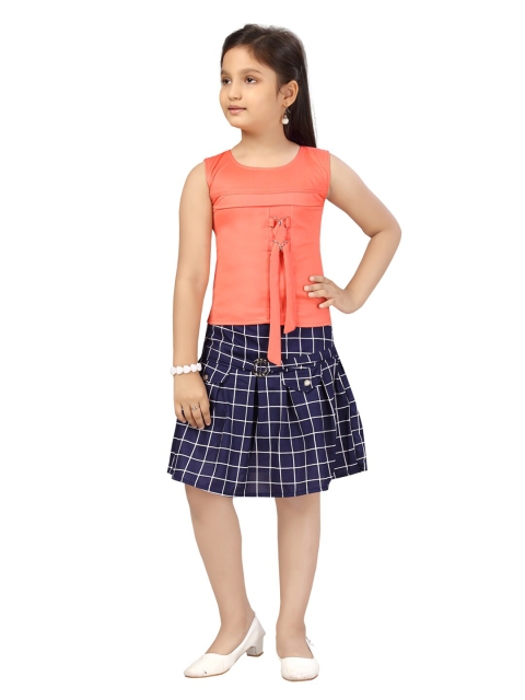 

Aarika Girls Peach-Coloured & Blue T-shirt with Skirt