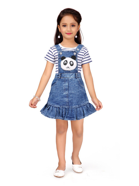 

Aarika Girls White & Blue Striped Top with Skirt