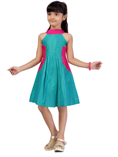 

Aarika Kids-Girls Green-Pink Choker Neck Dress