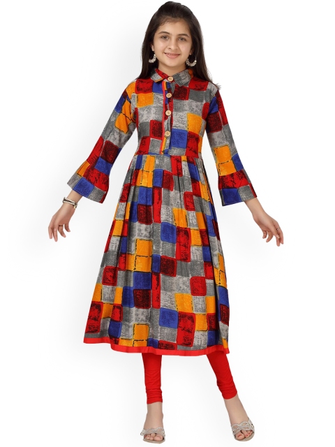 

Aarika Teen-Girls Multicoloured Printed Pleated Pure Cotton Kurta with Churidar, Multi